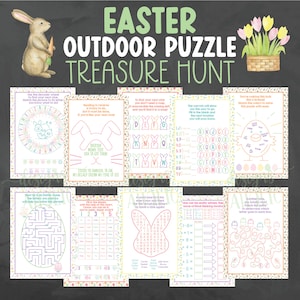 Pu&ograve; includere: Un set di puzzle di caccia al tesoro all'aperto a tema pasquale. L'immagine presenta un'illustrazione ad acquerello di un coniglietto con una carota, tulipani e diverse pagine di puzzle con testo e grafica. Il testo recita "Easter Outdoor Puzzle Treasure Hunt."