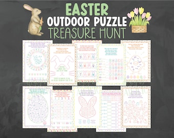 Könnte beinhalten: Ein Oster-Themen-Outdoor-Schatzsuche-Puzzle-Set. Das Bild zeigt eine Aquarellillustration eines Hasen mit einer Karotte, Tulpen und mehrere Puzzleteile mit Text und Grafiken. Der Text lautet "Easter Outdoor Puzzle Treasure Hunt."
