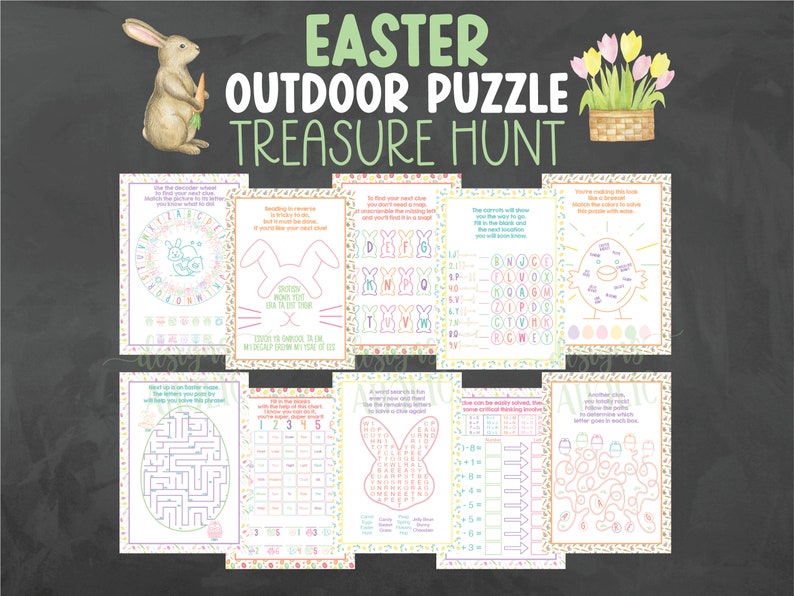 Pu&ograve; includere: Un set di puzzle di caccia al tesoro all'aperto a tema pasquale. L'immagine presenta un'illustrazione ad acquerello di un coniglietto con una carota, tulipani e diverse pagine di puzzle con testo e grafica. Il testo recita "Easter Outdoor Puzzle Treasure Hunt."