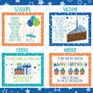 May include: Four colorful cards with blue and orange borders and white stars. Each card has a different image and text. The first card says "Scissors" and has a pair of scissors, a gift box, and balloons. The second card says "Vacuum" and has a piece of chocolate cake with a candle. The third card says "Fridge" and has three gift boxes. The fourth card says "Mirror" and has cupcakes with candles that say "Happy Birthday".
