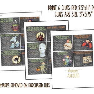May include: Printable Halloween clue cards with a spooky theme. The cards feature illustrations of ghosts, mummies, skulls, and a vampire. The text on the cards includes phrases like "Trick or Treat Smell My Feet", "Boo From Me To You", "It's Halloween Night, Eh What A Fright", "Get Dressed Up & Put On A Show", "Hocus Pocus, It's Time To Wear A Hat And Scout", and "Where's Scary Witches If Your Door Says Trick or Treat". The cards are designed to be printed on 8.5 x 11 inch paper and cut into 3 x 3.75 inch squares.