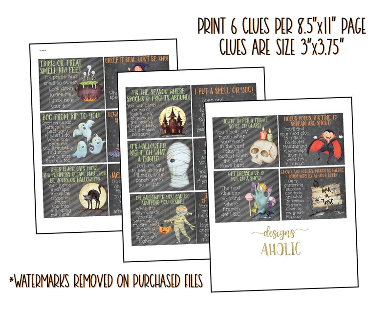 May include: Printable Halloween clue cards with a spooky theme. The cards feature illustrations of ghosts, mummies, skulls, and a vampire. The text on the cards includes phrases like "Trick or Treat Smell My Feet", "Boo From Me To You", "It's Halloween Night, Eh What A Fright", "Get Dressed Up & Put On A Show", "Hocus Pocus, It's Time To Wear A Hat And Scout", and "Where's Scary Witches If Your Door Says Trick or Treat". The cards are designed to be printed on 8.5 x 11 inch paper and cut into 3 x 3.75 inch squares.