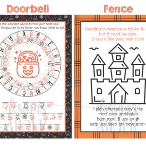 May include: A printable Halloween game with two cards. The first card features a decoder wheel with Halloween-themed images and the text "Use the decoder wheel to find your next clue. Match the picture to its letter, you know what to do!" The second card features a black and white illustration of a castle with the text "Reading in reverse is tricky to do, but it must be done, if you'd like your next clue!" and "I pleh etarapes ruoy dray morf ruoy srobhgien txen rood, fi voy evah setp voy deen em neve erom."
