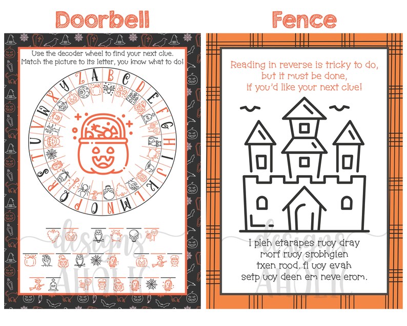 May include: A printable Halloween game with two cards. The first card features a decoder wheel with Halloween-themed images and the text "Use the decoder wheel to find your next clue. Match the picture to its letter, you know what to do!" The second card features a black and white illustration of a castle with the text "Reading in reverse is tricky to do, but it must be done, if you'd like your next clue!" and "I pleh etarapes ruoy dray morf ruoy srobhgien txen rood, fi voy evah setp voy deen em neve erom."