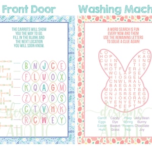 May include: Two printable Easter activity sheets. The first sheet is a word search puzzle with a bunny rabbit silhouette. The second sheet is a word puzzle with a carrot theme. Both sheets have a pastel pink, blue, and green color scheme with floral patterns.