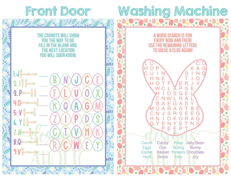 May include: Two printable Easter activity sheets. The first sheet is a word search puzzle with a bunny rabbit silhouette. The second sheet is a word puzzle with a carrot theme. Both sheets have a pastel pink, blue, and green color scheme with floral patterns.