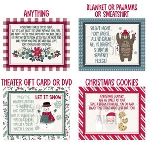 May include: Four Christmas gift tag designs with red and white gingham, red and white stripes, green and white plaid, and blue and white plaid backgrounds. The tags feature illustrations of a snowman, a bear, a flower arrangement, and Santa Claus. The text on the tags reads: "Anything", "Blanket or Pajamas or Sweatshirt", "Theatre Gift Card or DVD", and "Christmas Cookies".