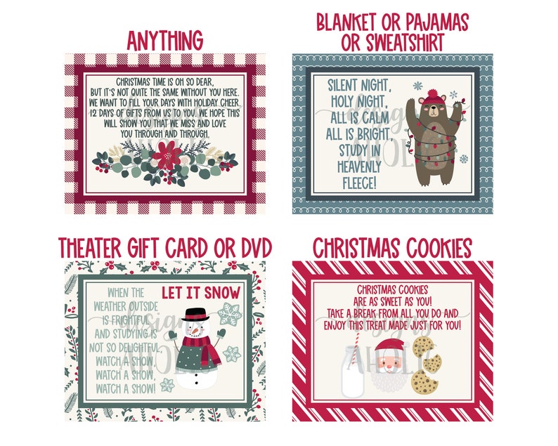 May include: Four Christmas gift tag designs with red and white gingham, red and white stripes, green and white plaid, and blue and white plaid backgrounds. The tags feature illustrations of a snowman, a bear, a flower arrangement, and Santa Claus. The text on the tags reads: "Anything", "Blanket or Pajamas or Sweatshirt", "Theatre Gift Card or DVD", and "Christmas Cookies".