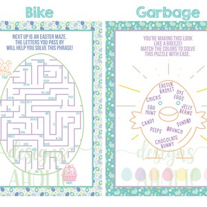 Pu&ograve; includere: Due fogli di attivit&agrave; a tema pasquale. Uno presenta un labirinto a forma di uovo con il testo "Next up is an Easter maze. The letters you pass by will help you solve this phrase!" L'altro &egrave; un puzzle di abbinamento dei colori.