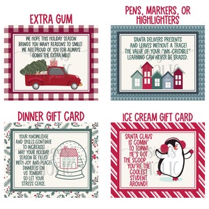 May include: Four Christmas-themed gift cards with red and white checked, green and white floral, and blue and white patterned backgrounds. The cards feature illustrations of a truck, houses, a snow globe, and a penguin. The text on the cards reads "Extra Gum", "Pens, Markers, or Highlighters", "Dinner Gift Card", and "Ice Cream Gift Card".