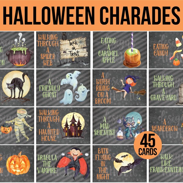 45 Charadas de Halloween - Juegos de Halloween - Juegos de fiesta de Halloween - Tarjetas de charadas de Halloween imprimibles - Juegos imprimibles - Charadas navideñas