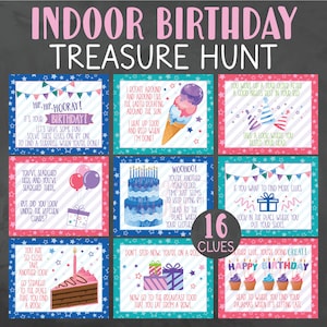 Indoor Birthday Treasure Hunt Clues - Indoor Birthday Scavenger Hunt Clues - Birthday Printables