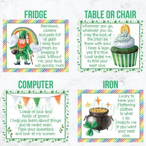 K&ouml;nnte beinhalten: Vier bunte Karten mit einem St. Patrick's Day-Motiv. Jede Karte zeigt ein anderes Objekt und ein Reimvers. Die Objekte sind ein K&uuml;hlschrank, ein Tisch oder Stuhl, ein Computer und ein B&uuml;geleisen. Die Karten sind mit Kleebl&auml;ttern, Regenb&ouml;gen und anderen St. Patrick's Day-Bildern verziert.