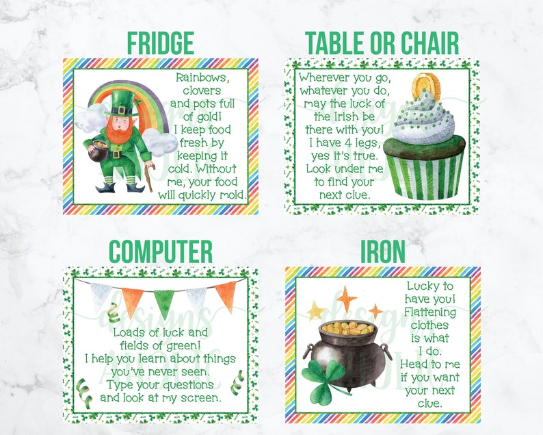 K&ouml;nnte beinhalten: Vier bunte Karten mit einem St. Patrick's Day-Motiv. Jede Karte zeigt ein anderes Objekt und ein Reimvers. Die Objekte sind ein K&uuml;hlschrank, ein Tisch oder Stuhl, ein Computer und ein B&uuml;geleisen. Die Karten sind mit Kleebl&auml;ttern, Regenb&ouml;gen und anderen St. Patrick's Day-Bildern verziert.