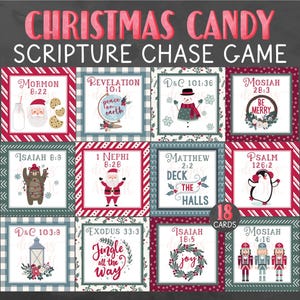 May include: A set of 18 Christmas-themed scripture cards with various illustrations and scripture references. The cards feature a red and green color scheme with a variety of patterns, including plaid, stripes, and polka dots.
