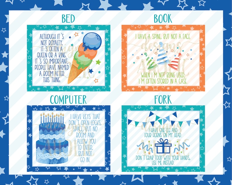 May include: Four illustrated cards with a blue, green, and white striped background. Each card features a different object with a birthday theme and a short description. The objects are a bed, a book, a computer, and a fork.