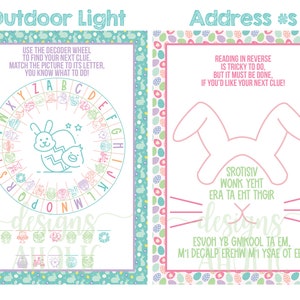 Pu&ograve; includere: Due cartelli a tema pasquale con testo e grafica. Un cartello dice "Outdoor Light" e presenta una ruota di decodifica con lettere e immagini pasquali. L'altro cartello dice "Address #S" e presenta una grafica di orecchie di coniglio e testo invertito.