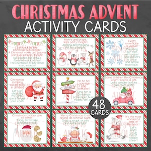 May include: A set of 48 Christmas Advent activity cards with colorful illustrations and festive text. The cards feature activities like watching a Christmas movie, baking cookies, and donating to charity.