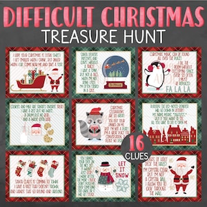 May include: A set of 16 Christmas-themed treasure hunt clues printed on red and green plaid cards. Each card features a different illustration and a rhyming clue. The clues include phrases like "I get smaller when I drink, but bigger when I eat", "I have a face that doesn't frown", and "I'm a great place for conversation, please no dedos".
