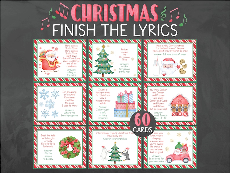 May include: A set of 60 Christmas-themed cards with illustrations and lyrics for a Christmas carol game. The cards feature images of Santa Claus, a Christmas tree, a snowman, a reindeer, and a wreath.