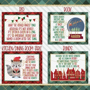 May include: A set of ten Christmas-themed printable signs with red and white plaid backgrounds. Each sign features a different room in a house, such as the bed, book, kitchen/dining room table, and blinds. Each sign has a festive Christmas-themed saying.
