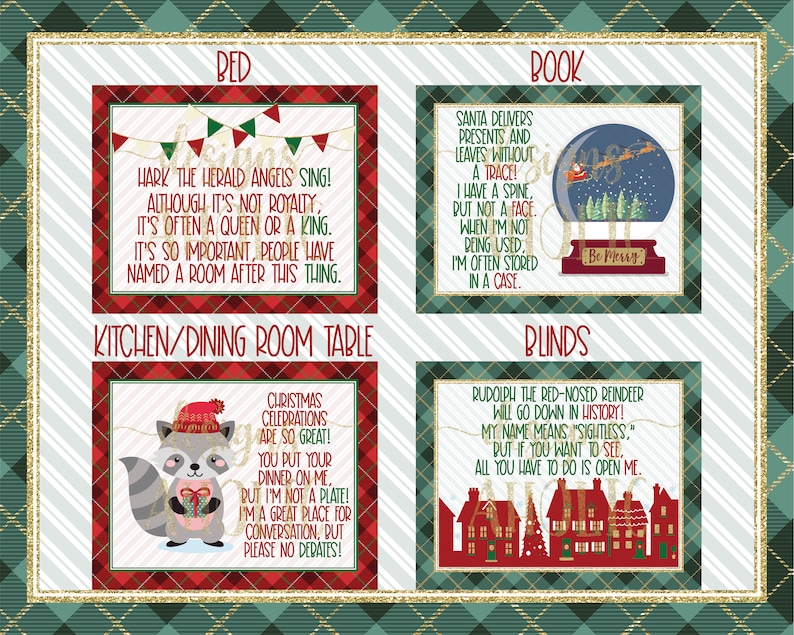 May include: A set of ten Christmas-themed printable signs with red and white plaid backgrounds. Each sign features a different room in a house, such as the bed, book, kitchen/dining room table, and blinds. Each sign has a festive Christmas-themed saying.