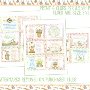 K&ouml;nnte beinhalten: Sechs druckbare Oster-Eiersuche-Hinweis-Karten mit einer Hasenillustration und einem Reim-Hinweis. Die Karten sind so konzipiert, dass sie auf 8,5 x 11 Zoll Papier gedruckt und in 3 x 3,75 Zoll Quadrate geschnitten werden k&ouml;nnen.