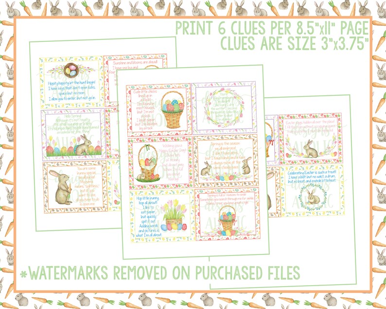 K&ouml;nnte beinhalten: Sechs druckbare Oster-Eiersuche-Hinweis-Karten mit einer Hasenillustration und einem Reim-Hinweis. Die Karten sind so konzipiert, dass sie auf 8,5 x 11 Zoll Papier gedruckt und in 3 x 3,75 Zoll Quadrate geschnitten werden k&ouml;nnen.