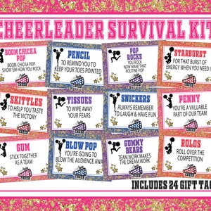 May include: A set of 24 colorful gift tags with glitter backgrounds and images of cheerleaders. Each tag features a different candy name and a cheer-related message. The tags are labeled "Cheerleader Survival Kit" and "Includes 24 Gift Tags".