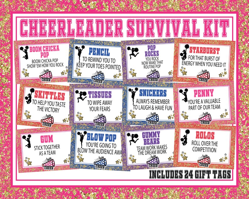 May include: A set of 24 colorful gift tags with glitter backgrounds and images of cheerleaders. Each tag features a different candy name and a cheer-related message. The tags are labeled "Cheerleader Survival Kit" and "Includes 24 Gift Tags".