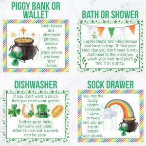 K&ouml;nnte beinhalten: Zehn bunte Karten mit gr&uuml;nen Kleeblatt-R&auml;ndern und Regenbogenstreifen. Jede Karte hat ein anderes Bild zum Thema St. Patrick's Day und einen Reim. Die Karten enthalten Bilder eines Goldtopfs, eines Regenbogens, eines Hufeisens, eines Koboldhutes und eines Kleeblatts. Der Text auf den Karten enth&auml;lt S&auml;tze wie "Irish kisses and shamrock pinches", "Leprechauns are mischievous", "If you don't want a pinch, then you must wear green!" and "You are the lucky charm I choose!"