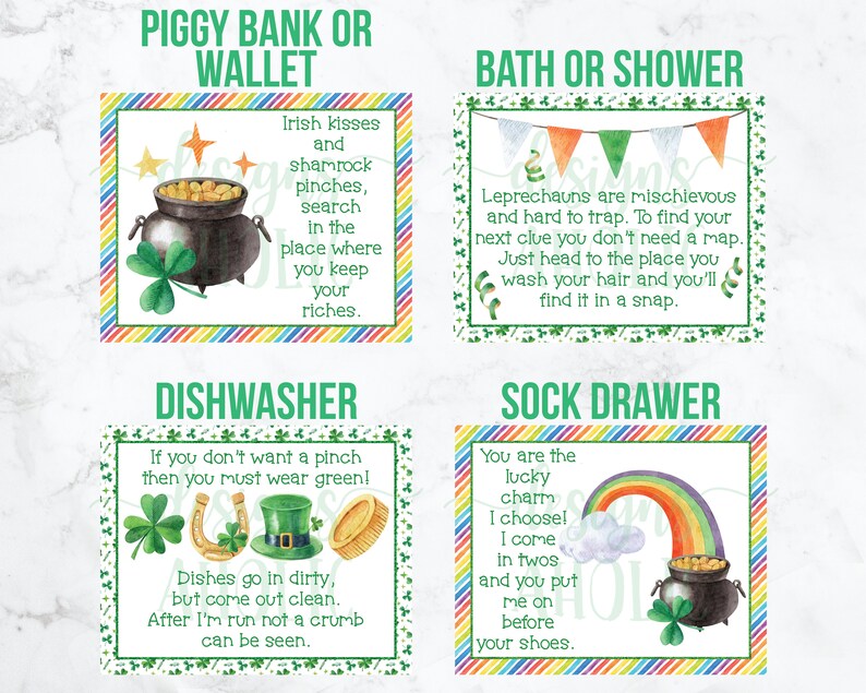 K&ouml;nnte beinhalten: Zehn bunte Karten mit gr&uuml;nen Kleeblatt-R&auml;ndern und Regenbogenstreifen. Jede Karte hat ein anderes Bild zum Thema St. Patrick's Day und einen Reim. Die Karten enthalten Bilder eines Goldtopfs, eines Regenbogens, eines Hufeisens, eines Koboldhutes und eines Kleeblatts. Der Text auf den Karten enth&auml;lt S&auml;tze wie "Irish kisses and shamrock pinches", "Leprechauns are mischievous", "If you don't want a pinch, then you must wear green!" and "You are the lucky charm I choose!"