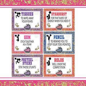 May include: Five colorful cards with glitter backgrounds and cheerleading-themed text. Each card features a black silhouette of a cheerleader and a different candy or school supply. The text on the cards reads: Tissues to wipe away your fears, Starburst for that burst of energy when you need it, Gum stick together as a team, Pencil to remind you to keep your toes pointed, Pretzel sticks stix those stunts, Rolos roll over the competition.