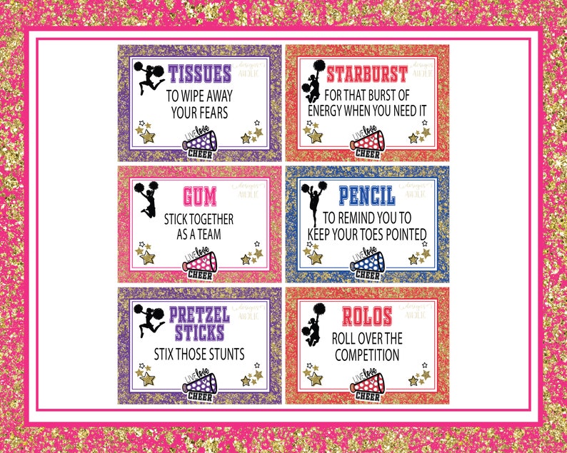 May include: Five colorful cards with glitter backgrounds and cheerleading-themed text. Each card features a black silhouette of a cheerleader and a different candy or school supply. The text on the cards reads: Tissues to wipe away your fears, Starburst for that burst of energy when you need it, Gum stick together as a team, Pencil to remind you to keep your toes pointed, Pretzel sticks stix those stunts, Rolos roll over the competition.