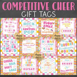 Könnte beinhalten: Neun bunte Geschenkanhänger im Retro-Stil der 70er Jahre mit Cheerleading-Sprüchen. Die Anhänger sind mit Gänseblümchen, Karomustern und Regenbogenfarben verziert. Der Text auf den Anhängern lautet: "Bows and bling", "You rock that routine pop", "Blow away the competition", "It's always a good day to cheer cheer", "Show spirit yell loud jump high cheer proud", "Wow the judges with a crisp and clean routine", "Burst on that stage with the star you are", "Sip sip hooray it's competition day", "Cheer hair don't care", "Eat sleep cheer repeat repeat", "Knock the judges socks off", "Shine bright bright like a diamond".