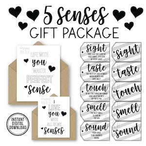 Etiquetas, tarjetas e ideas de regalo de 5 sentidos - Regalo para novio, novia, esposo o esposa - Regalo de San Valentín - Regalo de cumpleaños - Regalo de aniversario