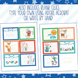 May include: A printable set of 8 colorful cards with images and text. The cards feature a fox, a bird, a bunny, a deer, a watering can, a kite, a house, and a group of children. The text on the cards includes the words "designs", "aholic", and "also includes blank clues".
