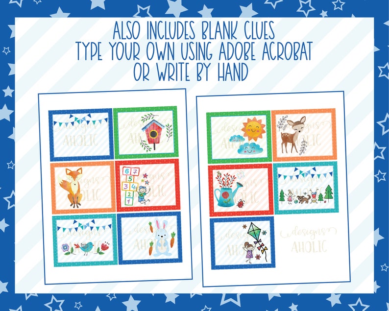 May include: A printable set of 8 colorful cards with images and text. The cards feature a fox, a bird, a bunny, a deer, a watering can, a kite, a house, and a group of children. The text on the cards includes the words "designs", "aholic", and "also includes blank clues".
