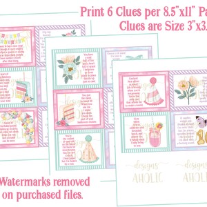 Op de afbeelding: Printbaar verjaardagsspel met zes aanwijzingen per pagina. Elke aanwijzing is 7,6 cm x 9,5 cm en heeft een pastel kleurenschema met bloemen- en taartillustraties. Tekst bevat zinnen als "16 jaar fantastisch".