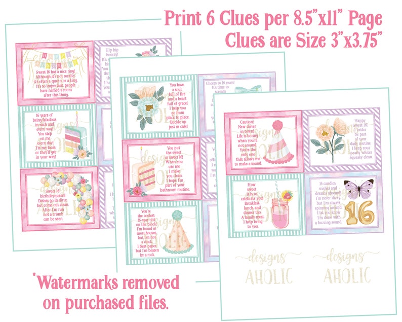 Op de afbeelding: Printbaar verjaardagsspel met zes aanwijzingen per pagina. Elke aanwijzing is 7,6 cm x 9,5 cm en heeft een pastel kleurenschema met bloemen- en taartillustraties. Tekst bevat zinnen als "16 jaar fantastisch".