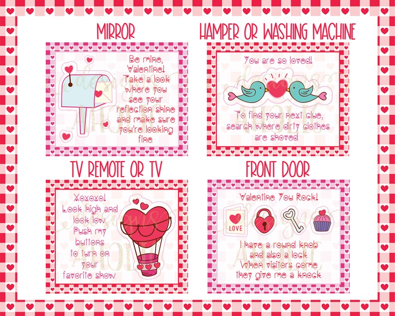 Valentine's Day Treasure Hunt Clues Valentines Scavenger Hunt Clues Valentine's Day Printables Valentines Party Games Kids Valentine image 3