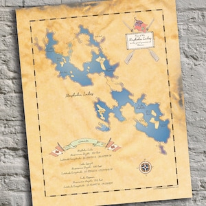 Muskoka Lakes, Ontario, Canada. Vintage-Inspired Lake Map Print. Custom Wall Art.