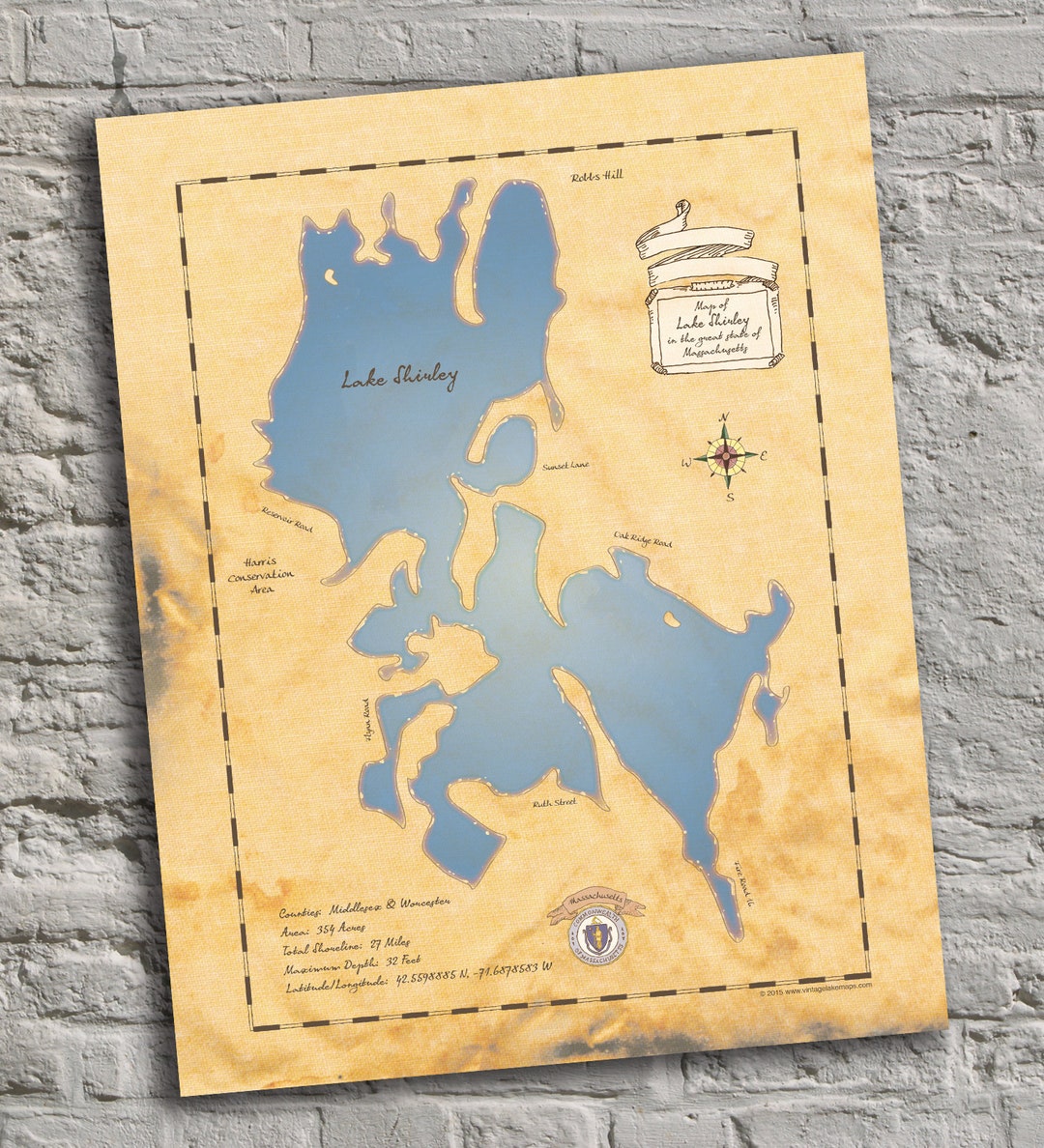Lake Shirley Massachusetts. Vintageinspired Lake Map Print. Etsy