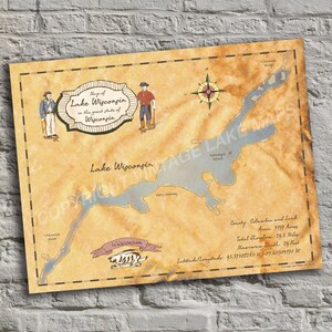 Lake Wisconsin, Wisconsin. Vintage-Inspired Lake Map Print. Lake House Decor.