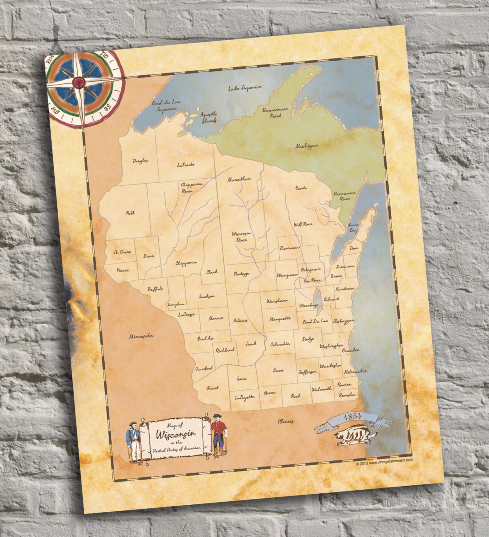 State of Wisconsin. Vintage-inspired Lake Map Print. - Etsy