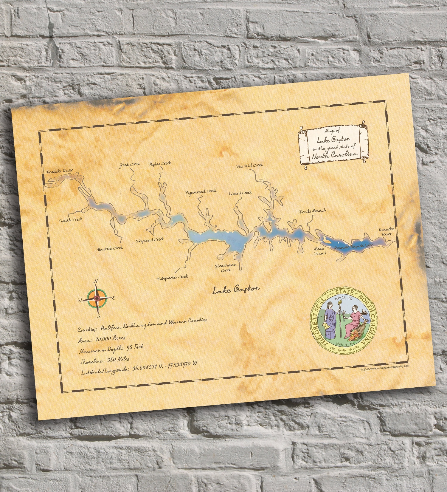 Lake Gaston North Carolina. Vintageinspired Lake Map Print. Etsy UK