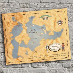 Lake Minocqua, Wisconsin. Vintage-Inspired Lake Map Print. Personalized Lake House Sign.