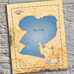 Pine Lake, Minnesota. Vintage-Inspired Lake Map Print. Lake House Decor.