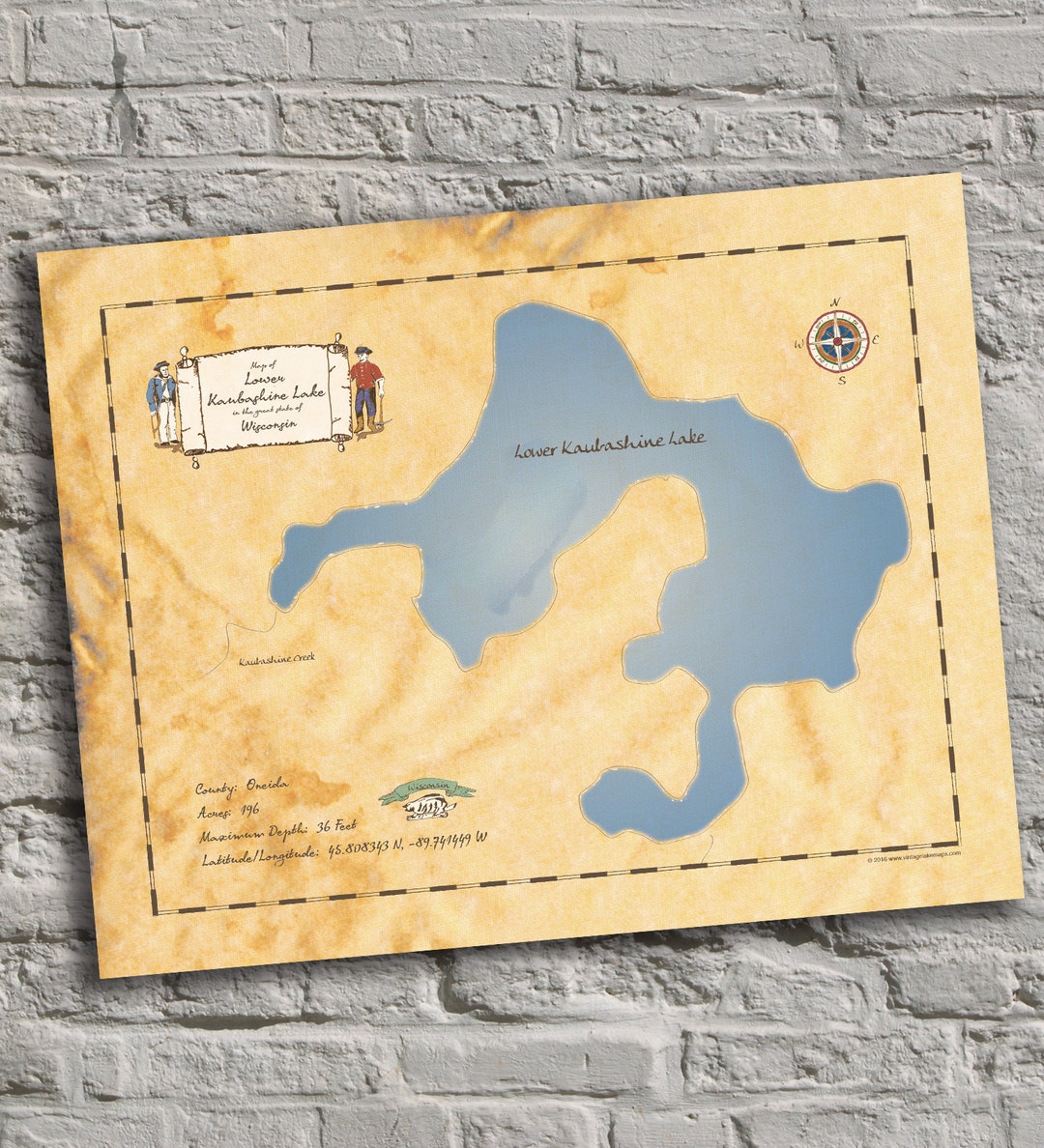 Lower Kaubashine Lake, Wisconsin. Vintageinspired Lake Map Print. Lake