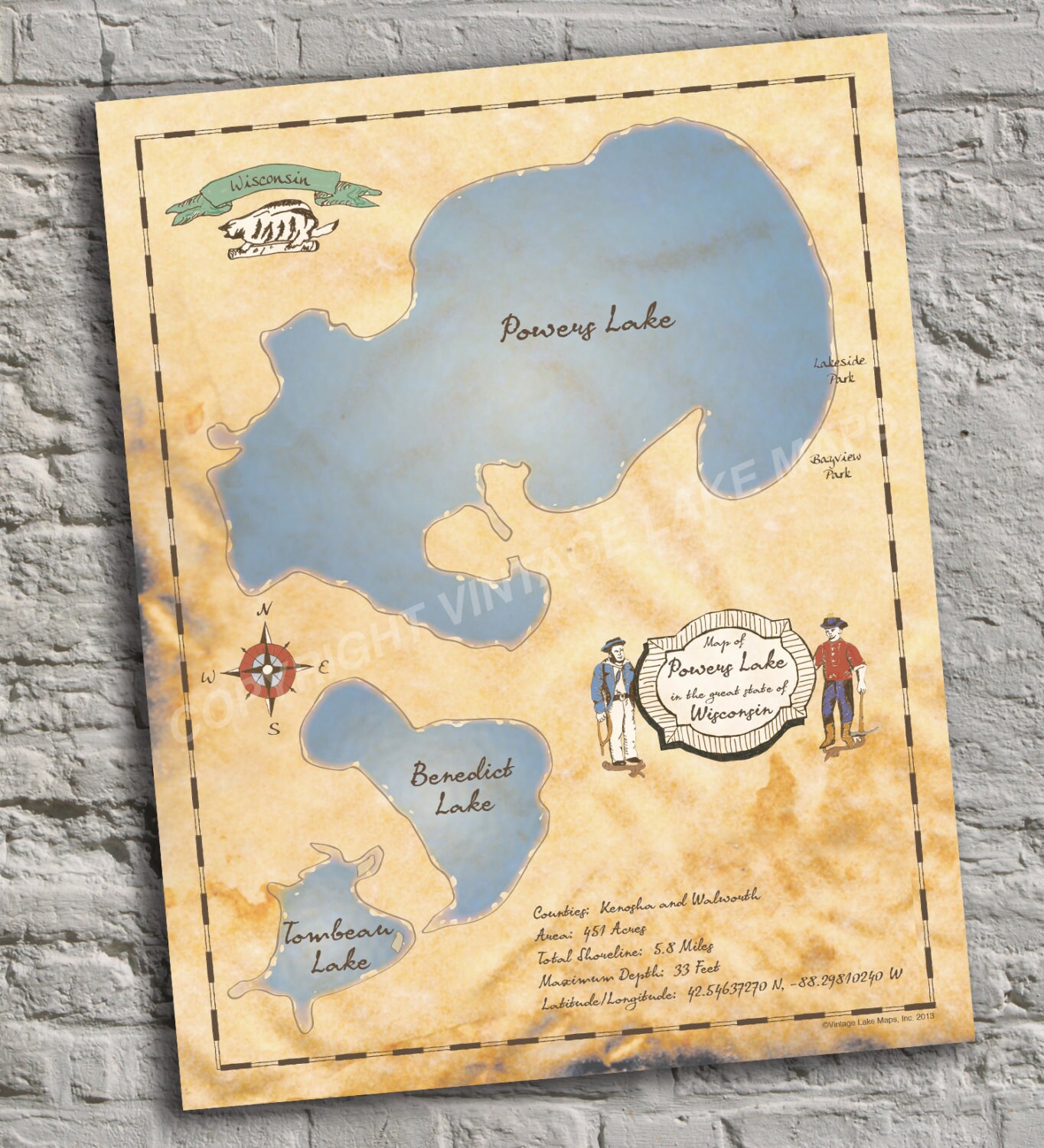 Powers Lake, Wisconsin. Vintageinspired Lake Map Print. Lake House
